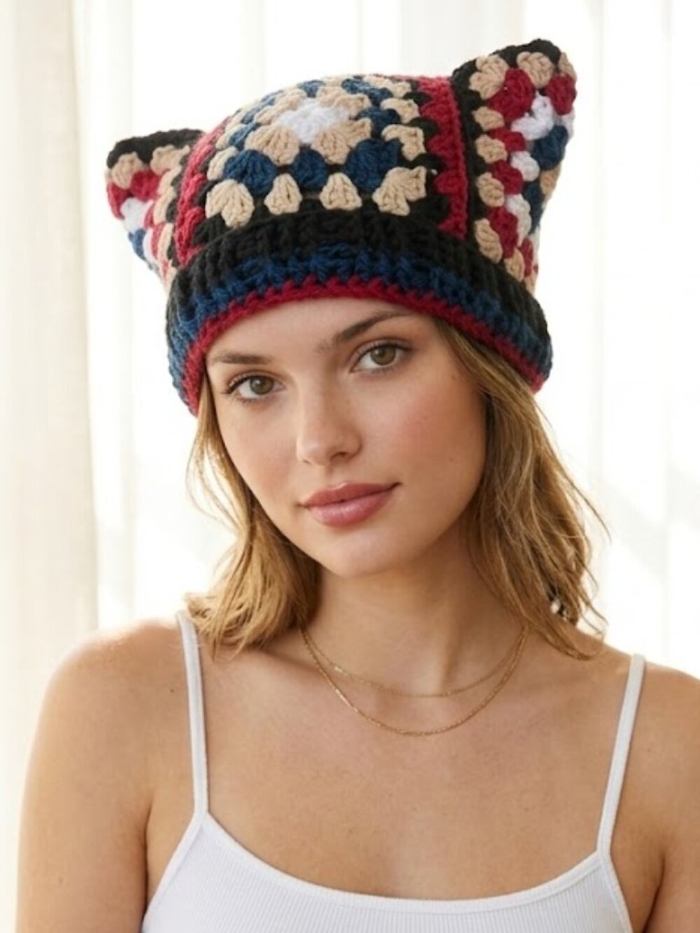 Handmade Crochet Granny Square Hat in Red, Black + Navy